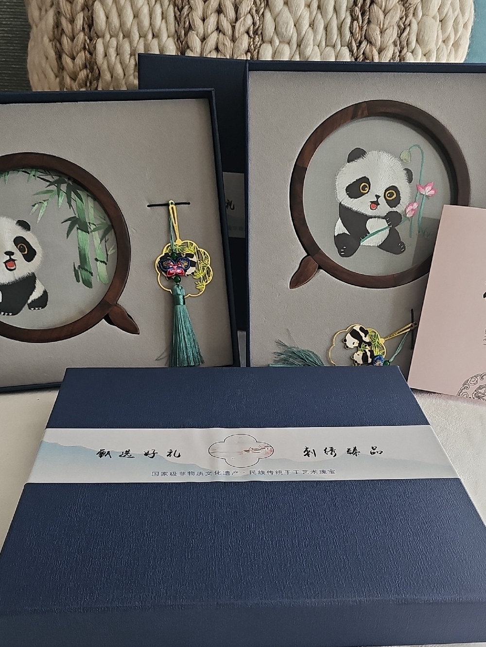 Panda Embroidery Wall Art Set with Teal Tassel Accents